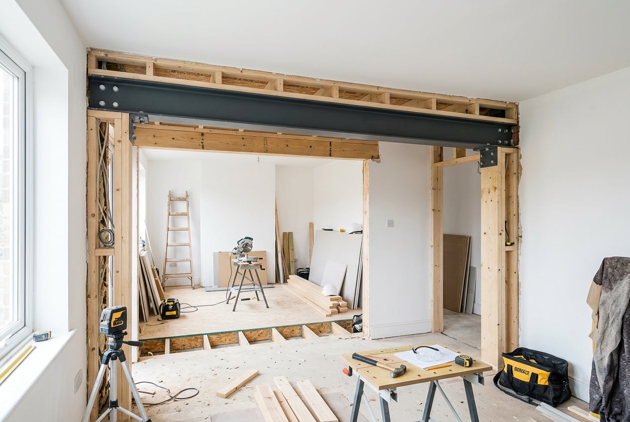 Steel-framed structural opening between rooms